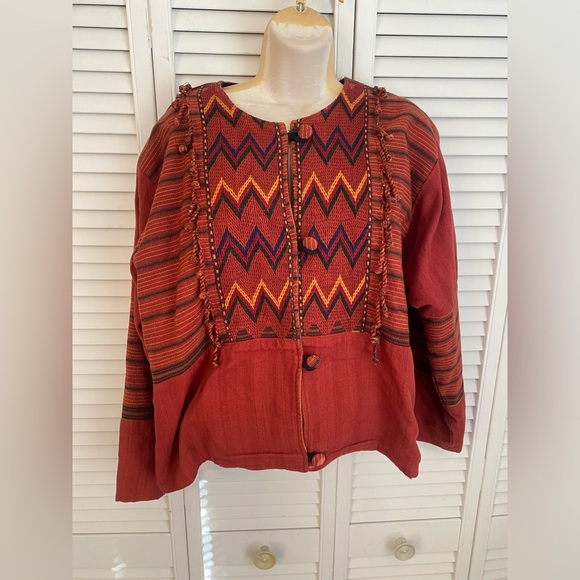Guatemalan Embroidered Hand Woven Textile Jacket Southwestern Chevron Women XL - Picture 1 of 7